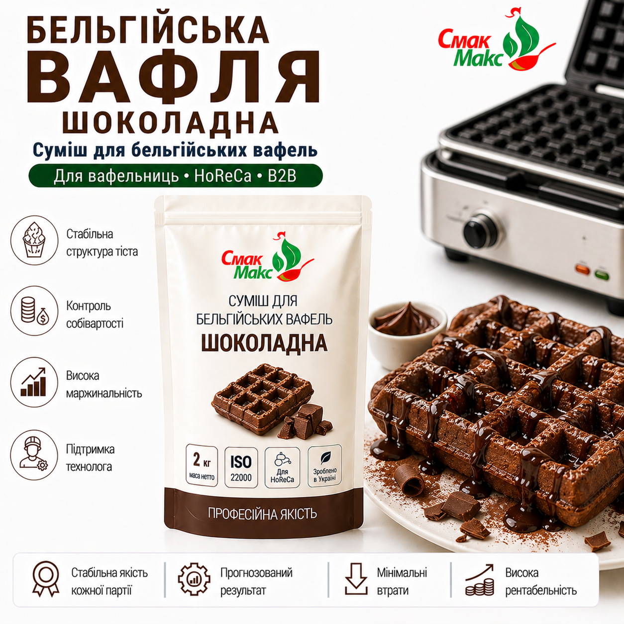 Професійна суміш для бельгійських вафель Шоколадна HoReCa 2 кг Смакмакс