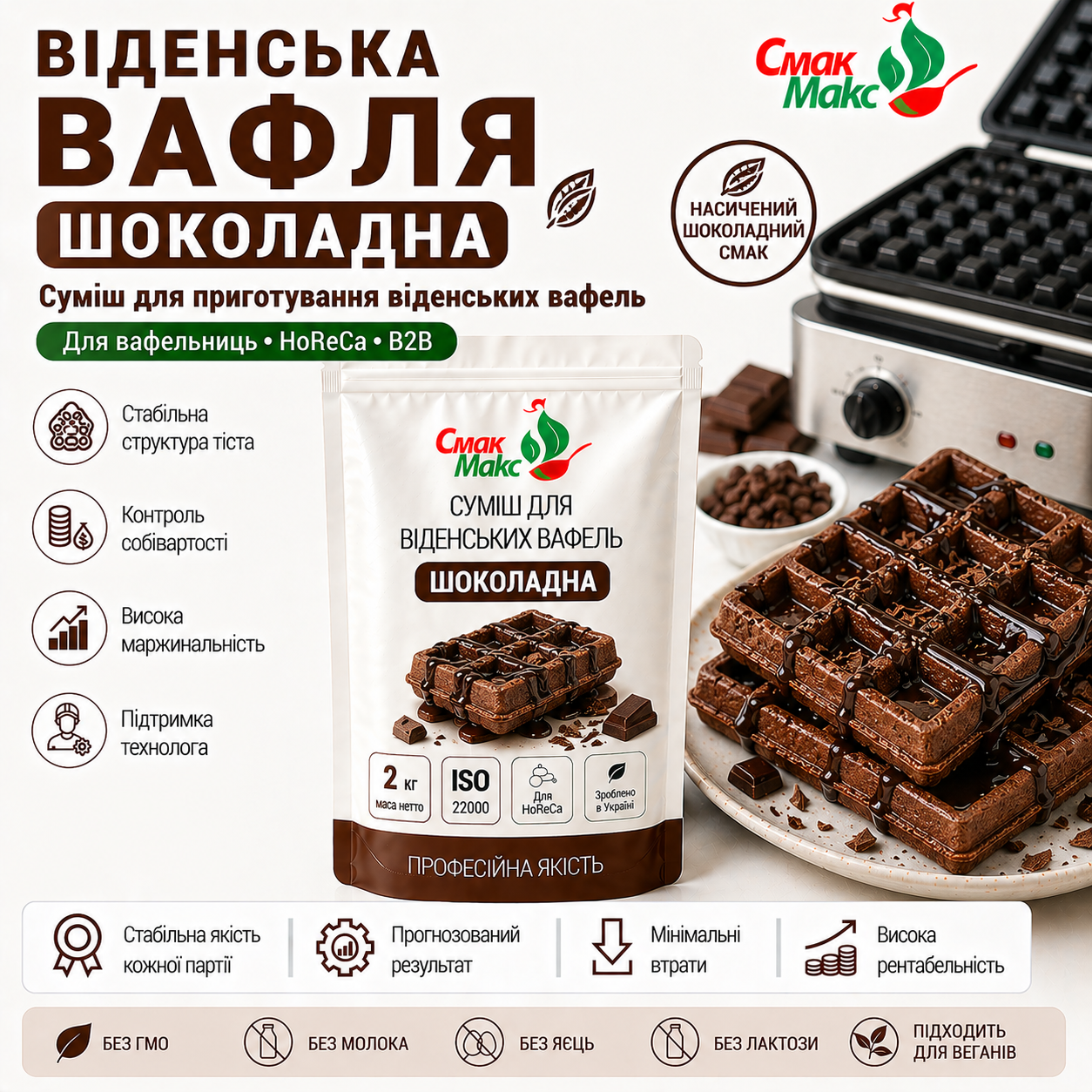Професійна суміш для віденських вафель Шоколадна HoReCa Смакмакс 2 кг