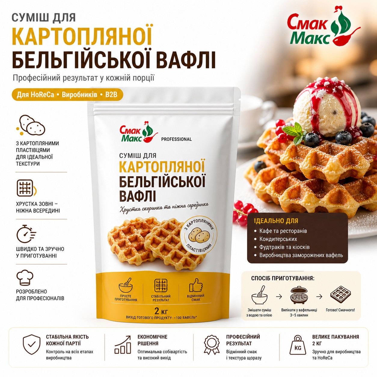 Суміш для бельгійських вафель Картопляна HoReCa Смакмакс 2 кг