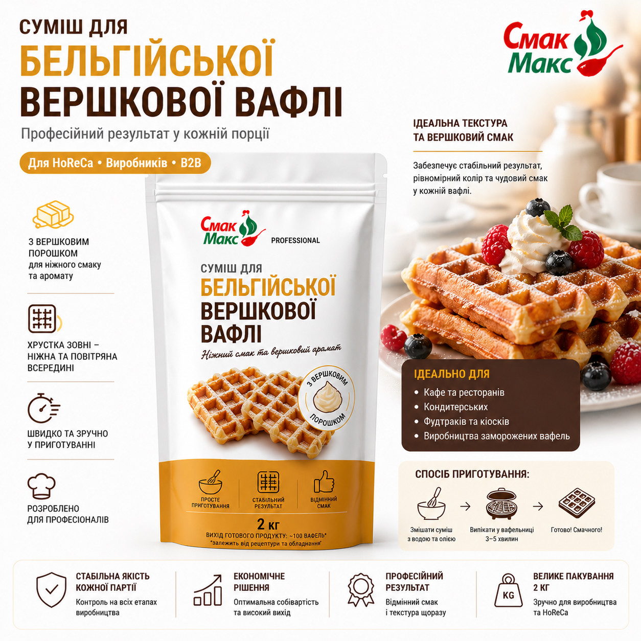Суміш для бельгійських вафель Вершкова HoReCa Смакмакс 2 кг