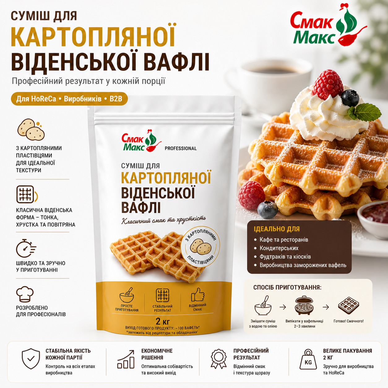 Професійна суміш для віденських вафель Картопляна HoReCa Смакмакс 2 кг