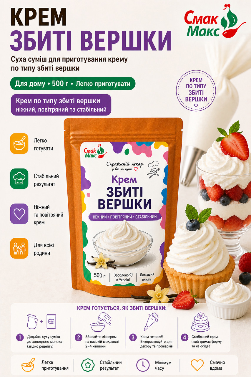 Суміш для крему по типу збитих вершків HoReCa Смакмакс 2 кг