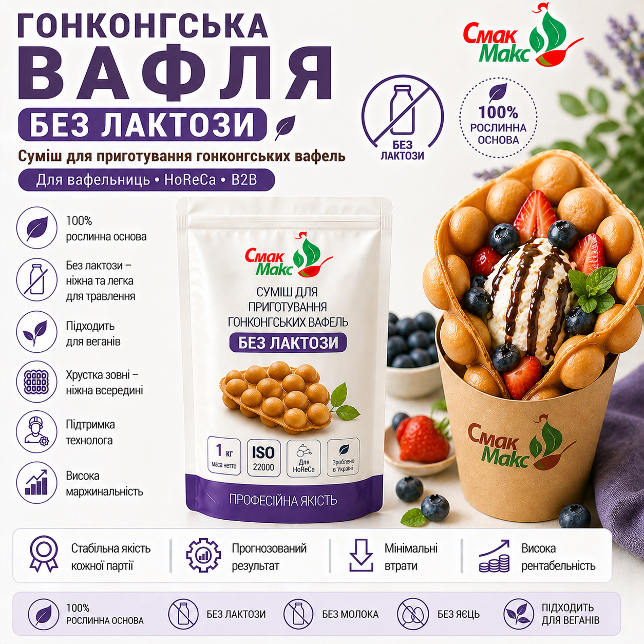 Суміш для гонконгських вафель без лактози HoReCa Смакмакс 2 кг